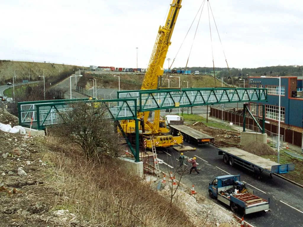 Vauxhall Car Park Extension. New pedestrian access bridge over a public highway. David French Partnership structural engineers
