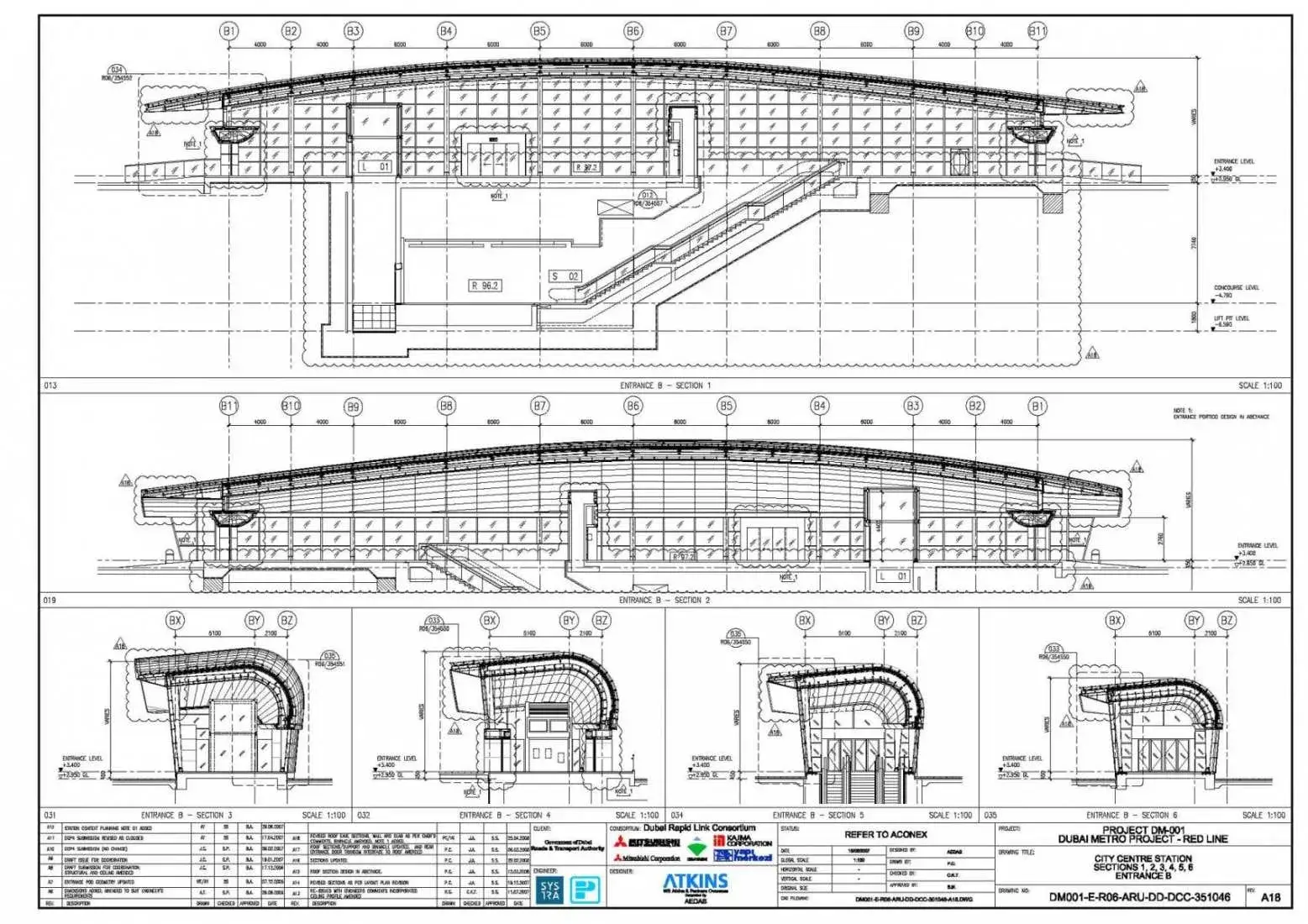 Compound curved steel frame glazing at Dubai Metro by David French Partnership