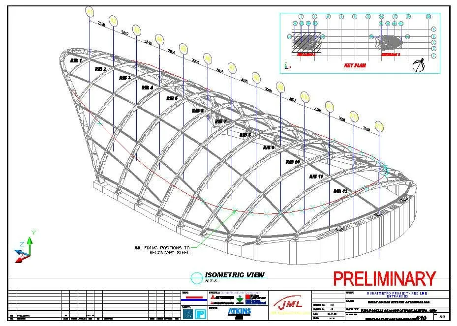 Dubai Metro. Glazing fixed to a compound curved steel structural frame. David French Partnership structural engineers
