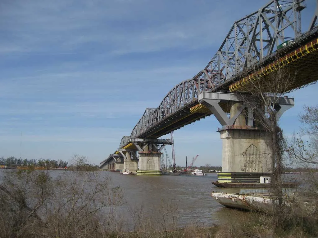 Huey P Long Bridge, Louisiana. River spans 726m long, 46m clear above the Mississippi. David French Partnership structural engineers